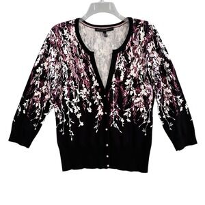 White House Black Market Cardigan L Floral Snap Front Black Pink Sweater Stretch